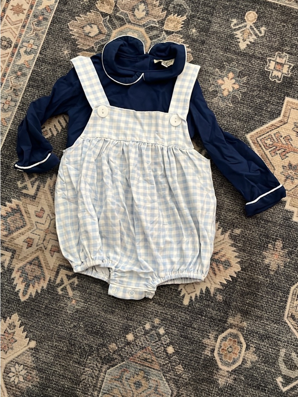 Blue Gingham Bubble Romper with Navy Top